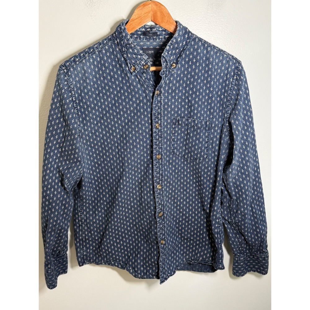 J.Crew Mens Slim Fit Button Down Shirt Medium Blue White Geometric Diamond Print